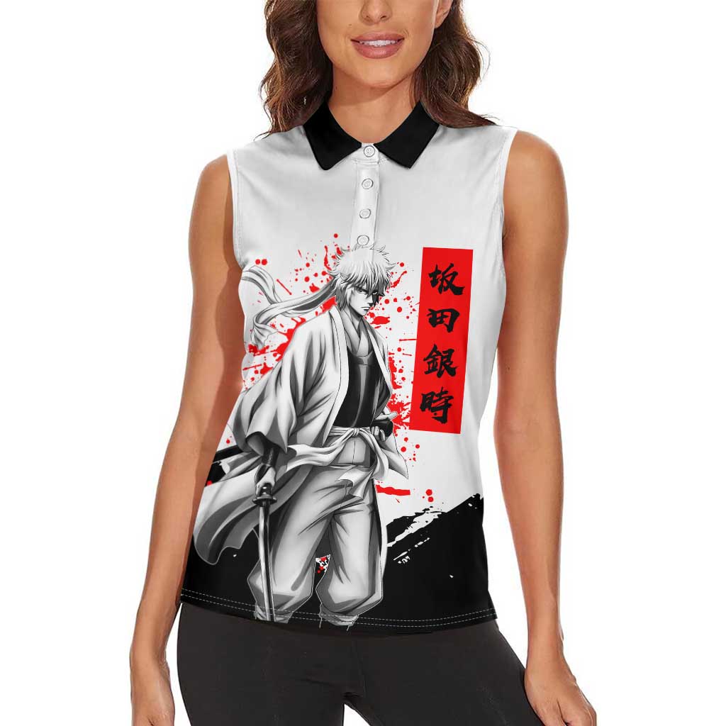Gintoki Sakata Gintama Samurai Design Women Sleeveless Polo Shirt with Katana, Red Kanji Calligraphy and Oni Mask Graphic - The Mazicc