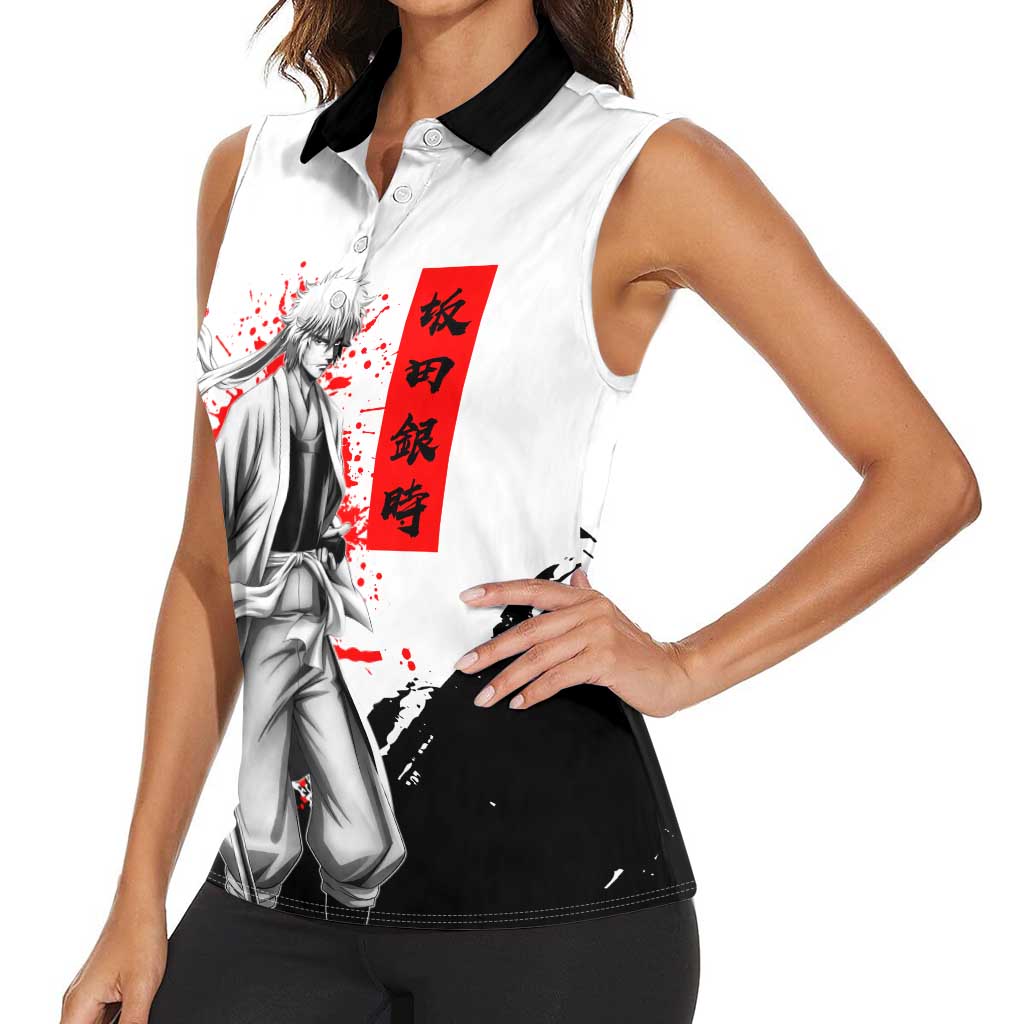 Gintoki Sakata Gintama Samurai Design Women Sleeveless Polo Shirt with Katana, Red Kanji Calligraphy and Oni Mask Graphic - The Mazicc