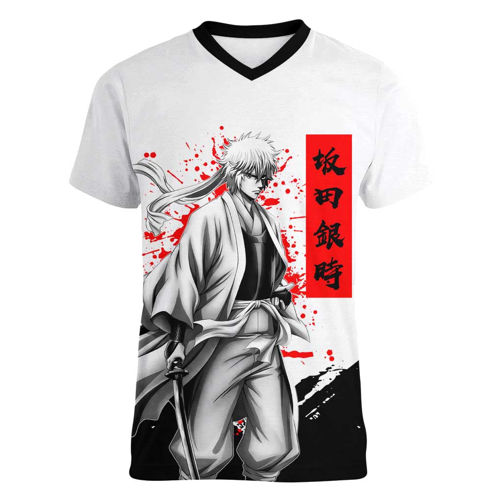 Gintoki Sakata Gintama Samurai Design Women V-Neck T-Shirt with Katana, Red Kanji Calligraphy and Oni Mask Graphic - The Mazicc