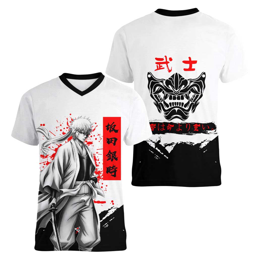 Gintoki Sakata Gintama Samurai Design Women V-Neck T-Shirt with Katana, Red Kanji Calligraphy and Oni Mask Graphic - The Mazicc