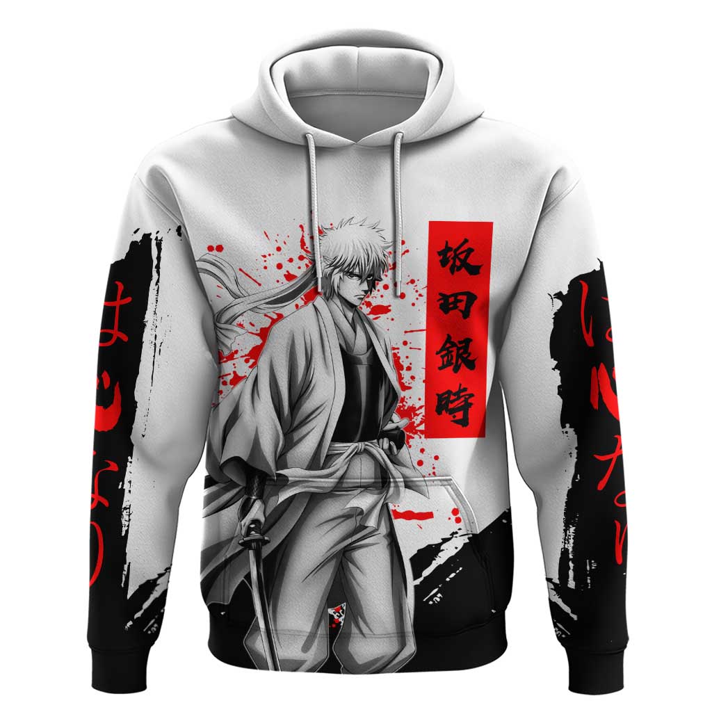 Gintoki Sakata Gintama Samurai Design Zip Hoodie with Katana, Red Kanji Calligraphy and Oni Mask Graphic - The Mazicc