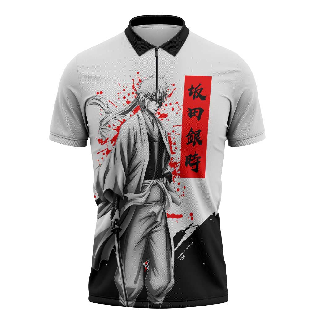 Gintoki Sakata Gintama Samurai Design Zipper Polo Shirt with Katana, Red Kanji Calligraphy and Oni Mask Graphic - The Mazicc