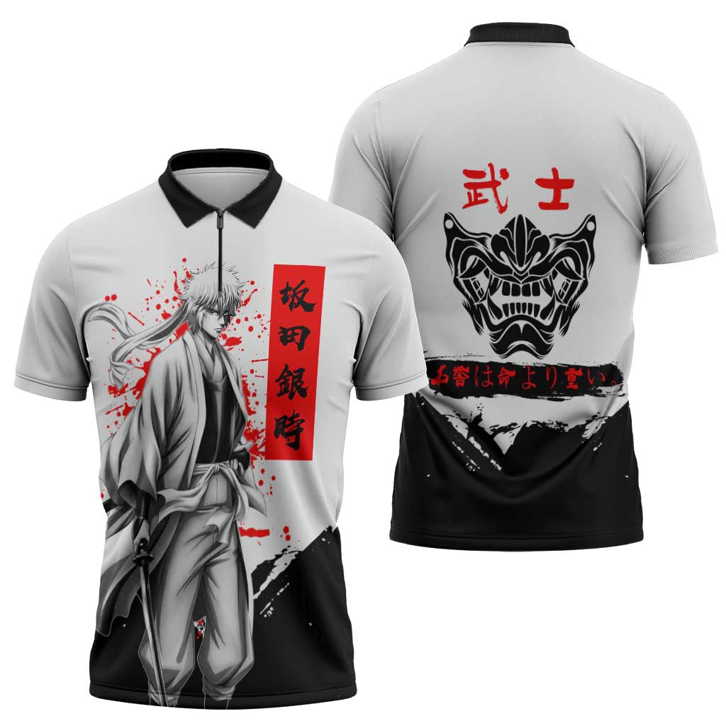 Gintoki Sakata Gintama Samurai Design Zipper Polo Shirt with Katana, Red Kanji Calligraphy and Oni Mask Graphic - The Mazicc