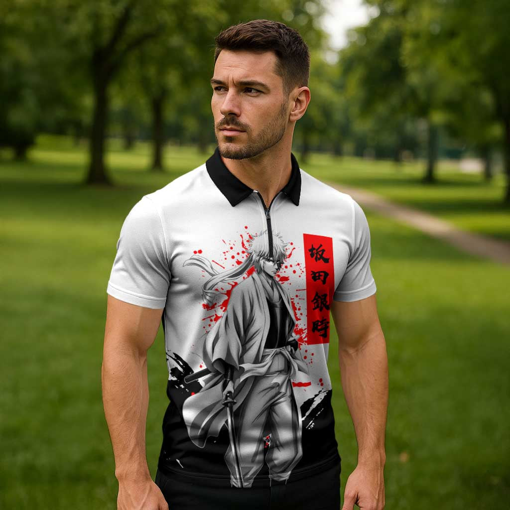 Gintoki Sakata Gintama Samurai Design Zipper Polo Shirt with Katana, Red Kanji Calligraphy and Oni Mask Graphic - The Mazicc