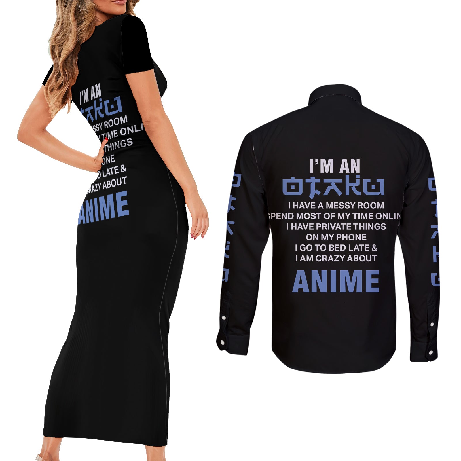 I'm An Otaku Couples Matching Short Sleeve Bodycon Dress and Long Sleeve Button Shirt
