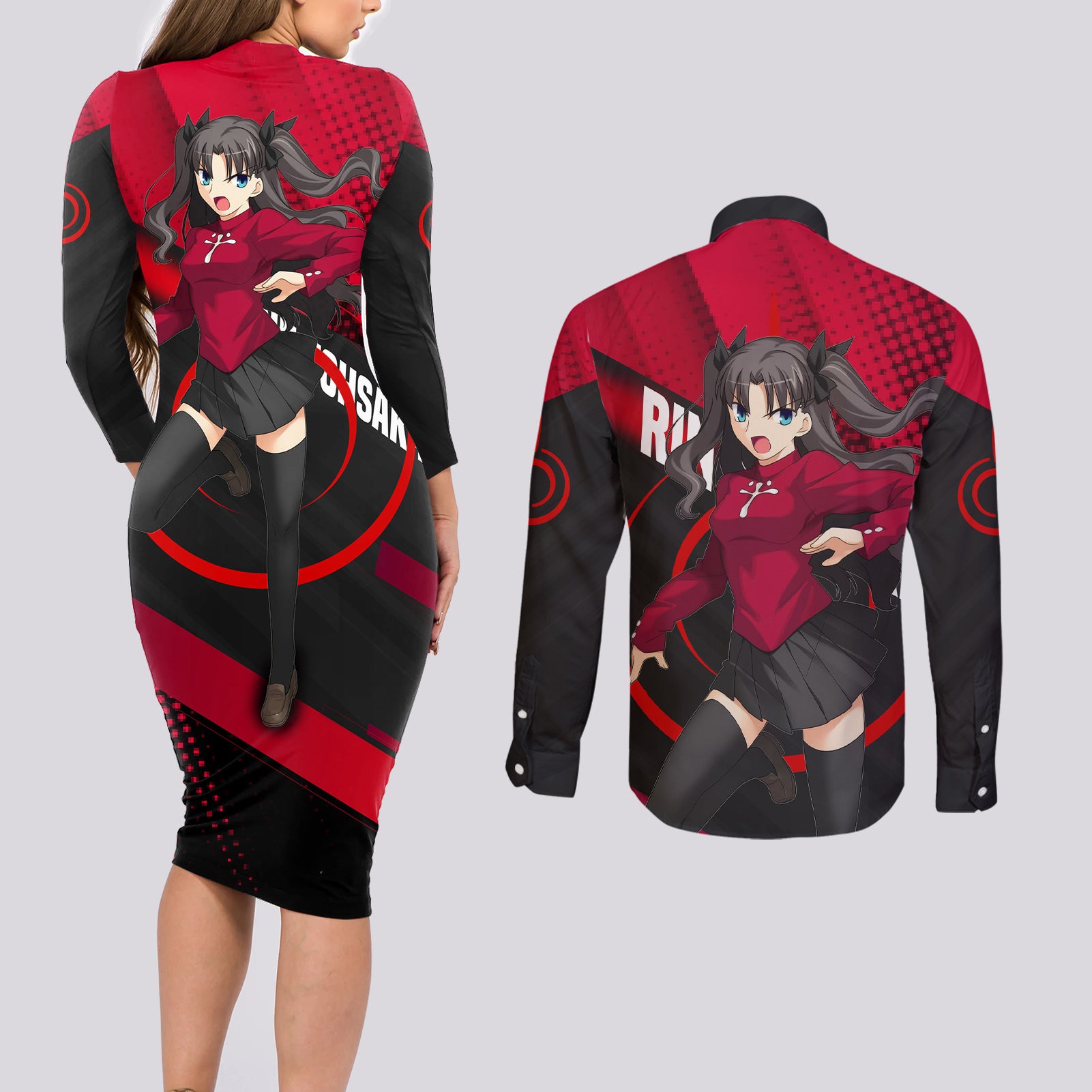 Rin Tohsaka Couples Matching Long Sleeve Bodycon Dress and Long Sleeve Button Shirt