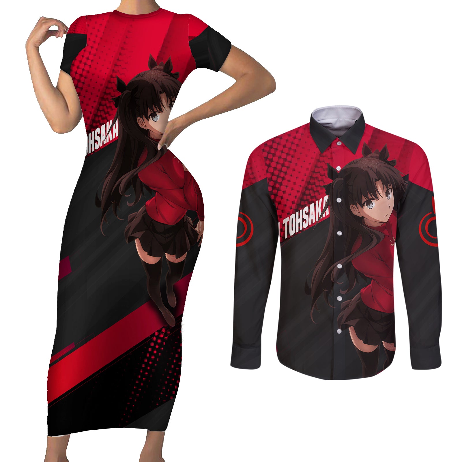 Rin Tohsaka Couples Matching Short Sleeve Bodycon Dress and Long Sleeve Button Shirt