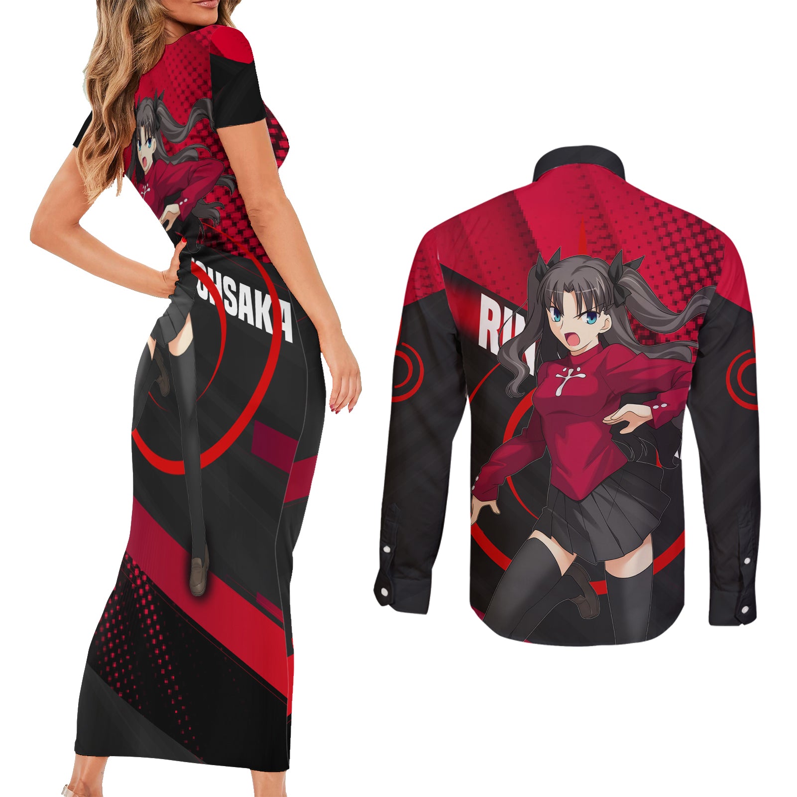 Rin Tohsaka Couples Matching Short Sleeve Bodycon Dress and Long Sleeve Button Shirt