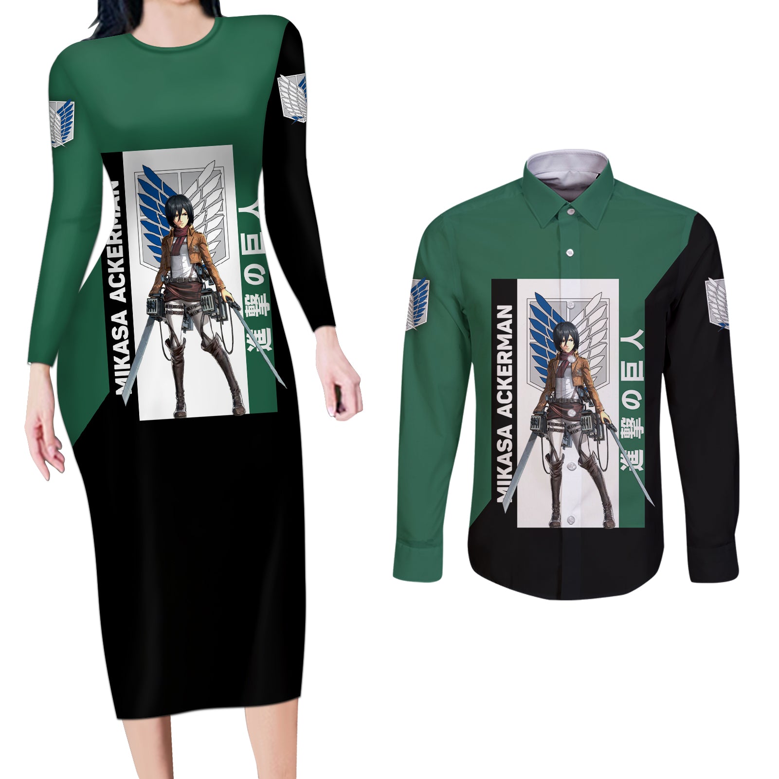 Mikasa Ackerman Couples Matching Long Sleeve Bodycon Dress and Long Sleeve Button Shirt