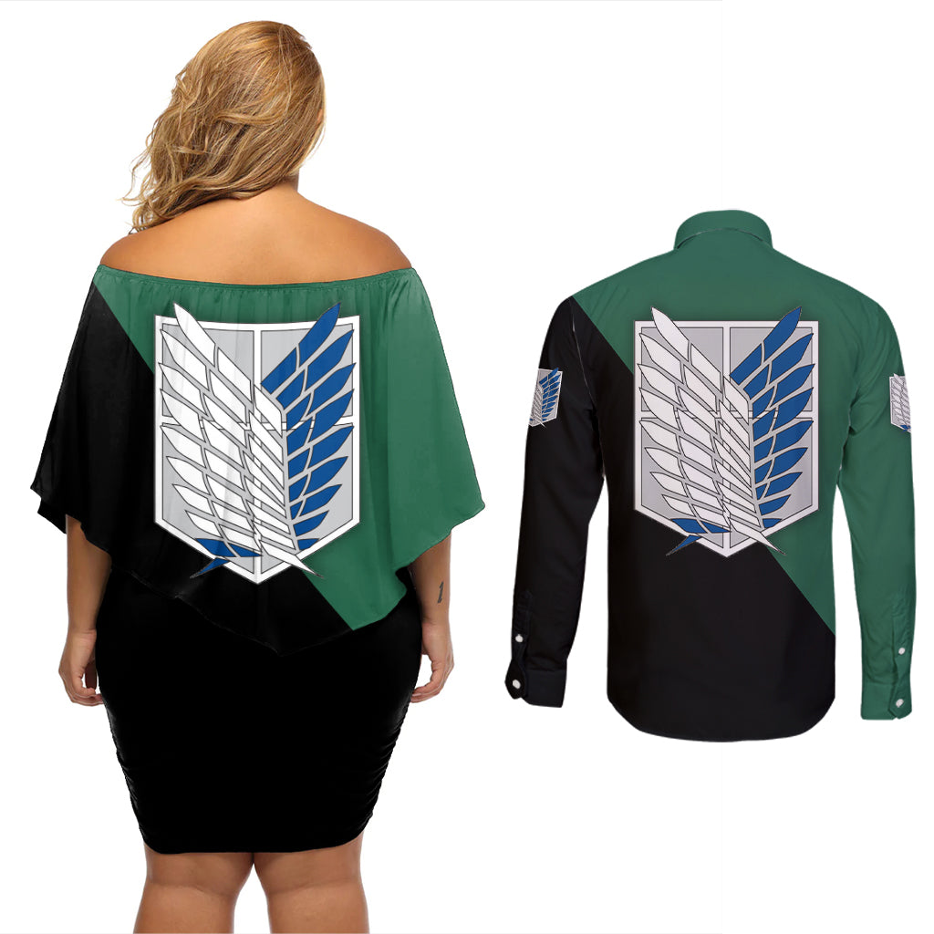 Mikasa Ackerman Couples Matching Off Shoulder Short Dress and Long Sleeve Button Shirt