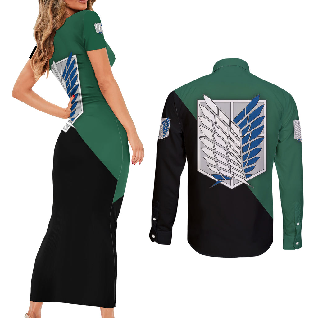 Mikasa Ackerman Couples Matching Short Sleeve Bodycon Dress and Long Sleeve Button Shirt