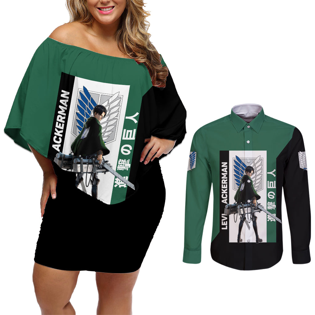 Levi Ackerman Couples Matching Off Shoulder Short Dress and Long Sleeve Button Shirt