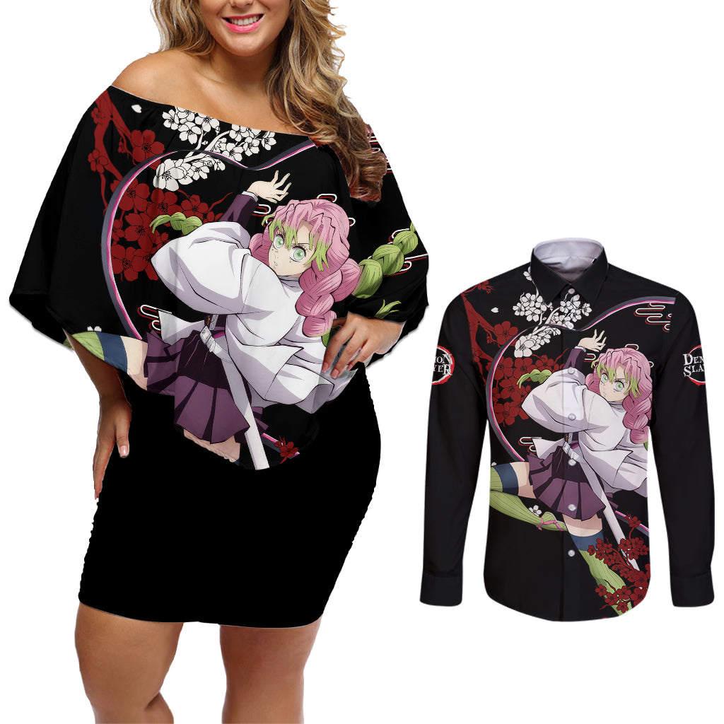 Mitsuri Kanroji Japan Style Couples Matching Off Shoulder Short Dress and Long Sleeve Button Shirt