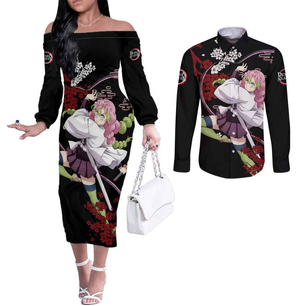 Mitsuri Kanroji Japan Style Couples Matching Off The Shoulder Long Sleeve Dress and Long Sleeve Button Shirt