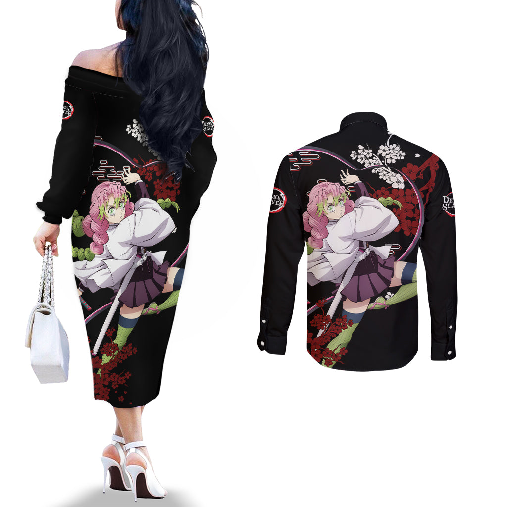 Mitsuri Kanroji Japan Style Couples Matching Off The Shoulder Long Sleeve Dress and Long Sleeve Button Shirt