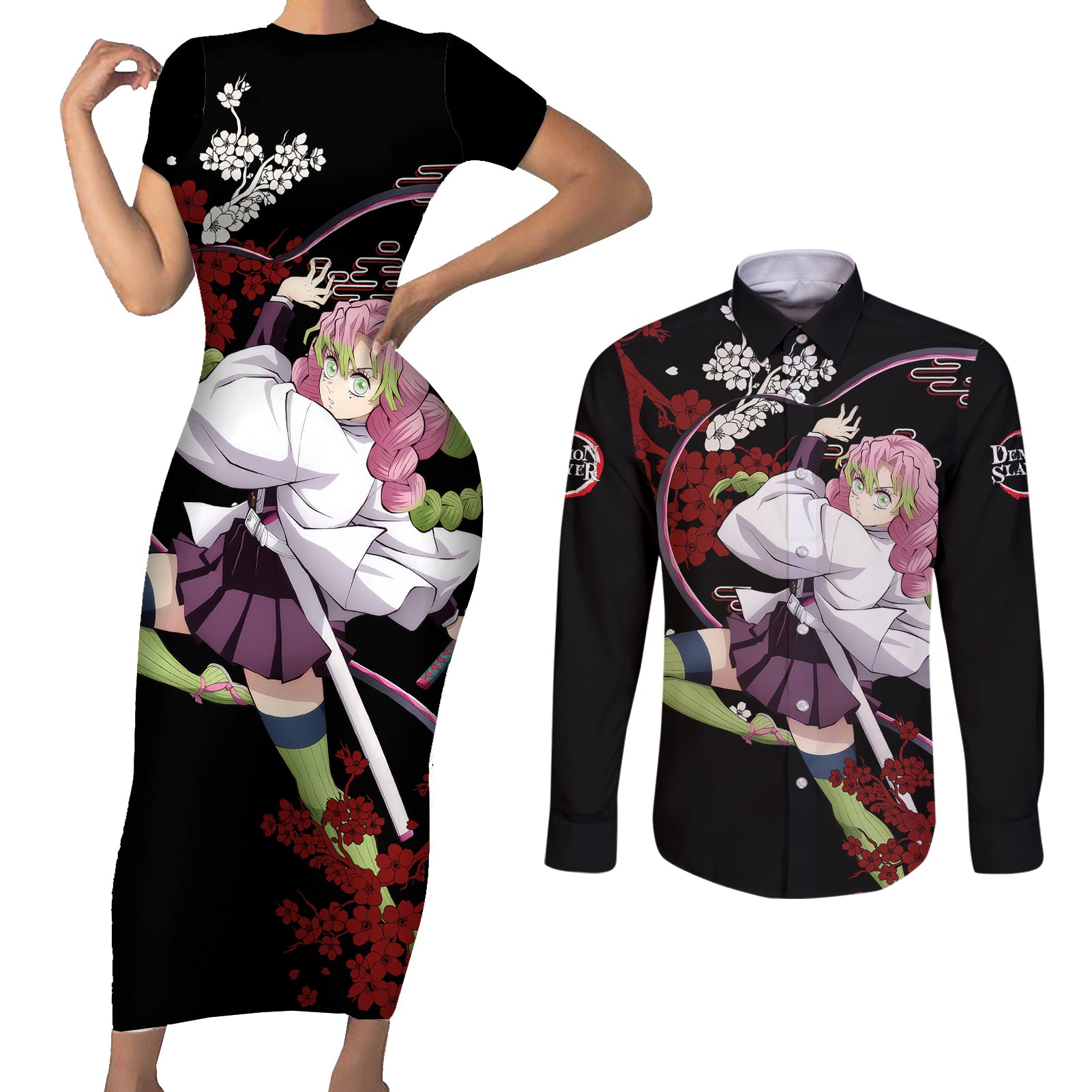Mitsuri Kanroji Japan Style Couples Matching Short Sleeve Bodycon Dress and Long Sleeve Button Shirt