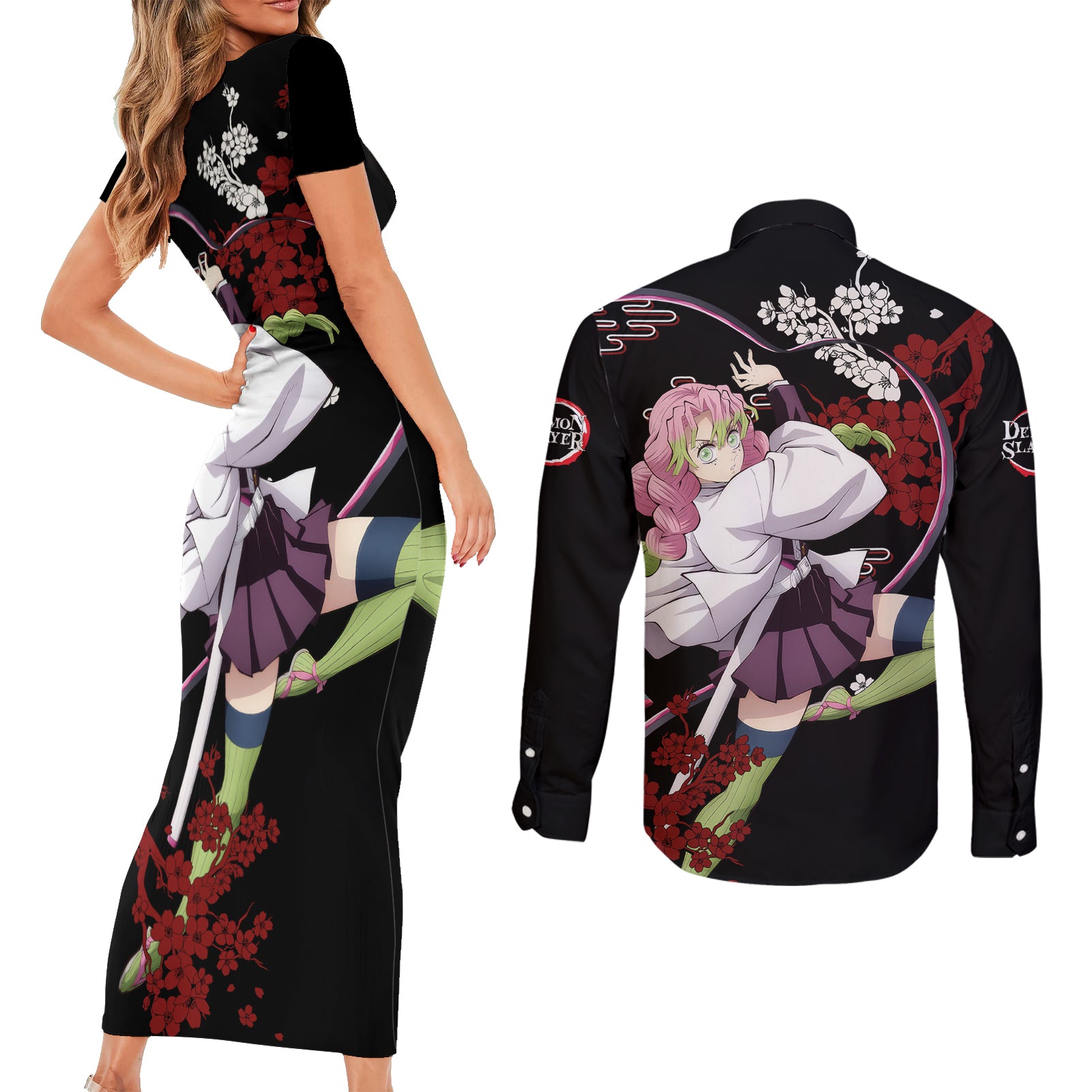 Mitsuri Kanroji Japan Style Couples Matching Short Sleeve Bodycon Dress and Long Sleeve Button Shirt