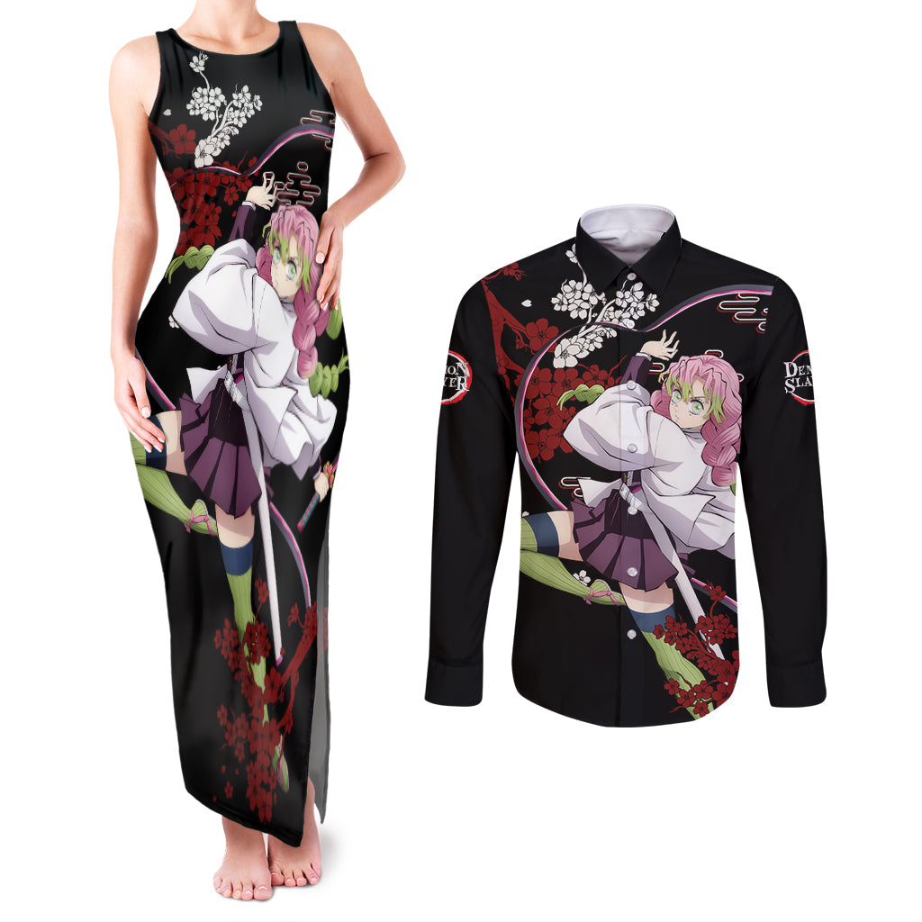 Mitsuri Kanroji Japan Style Couples Matching Tank Maxi Dress and Long Sleeve Button Shirt