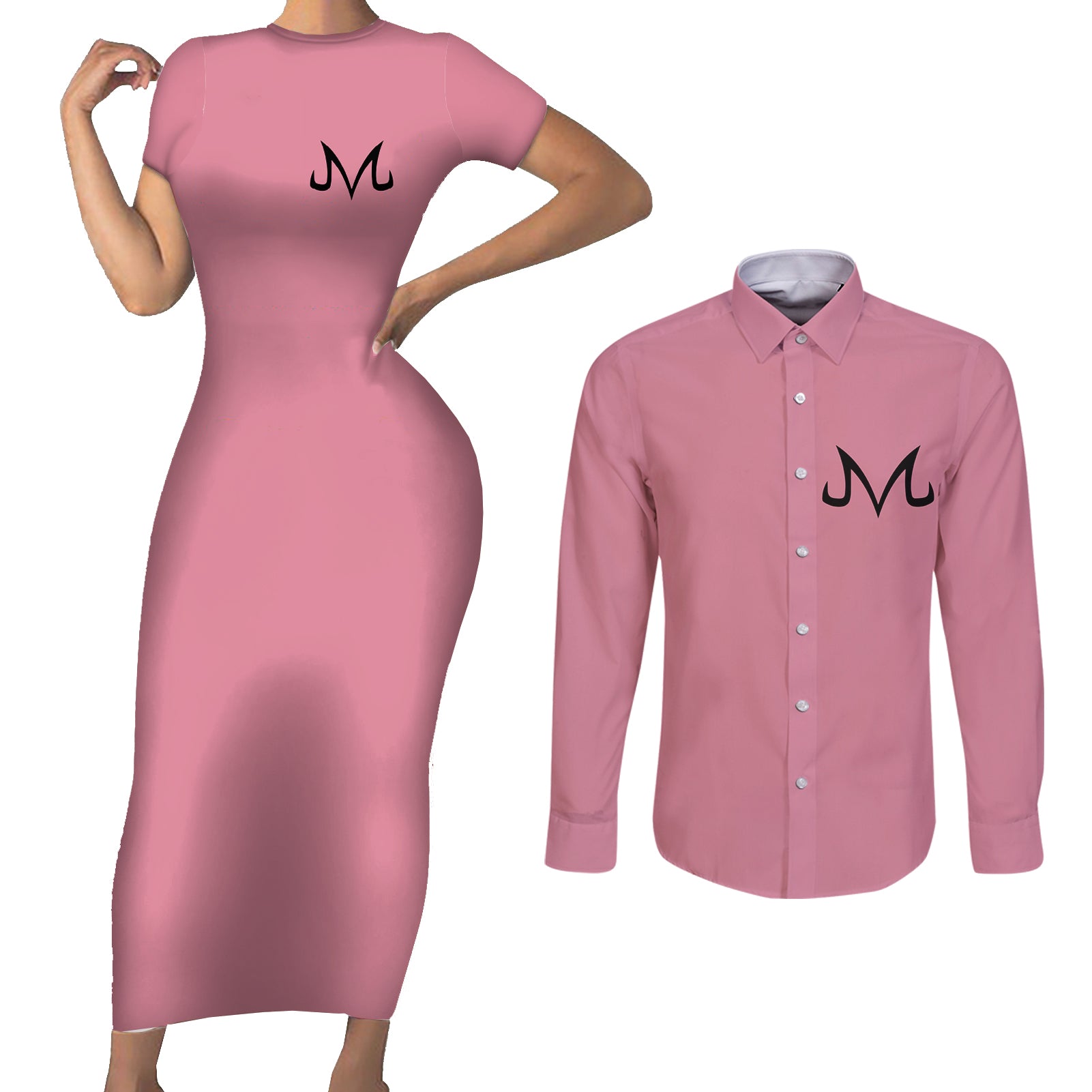 Majin Buu Dragon Ball Anime Couples Matching Short Sleeve Bodycon Dress and Long Sleeve Button Shirt