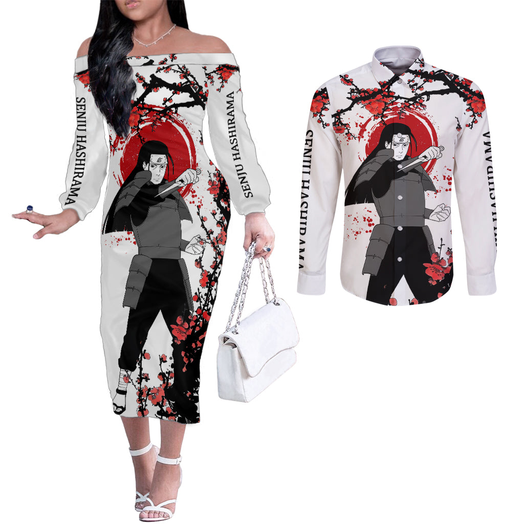 Senju Hashirama Japan Style Anime Couples Matching Off The Shoulder Long Sleeve Dress and Long Sleeve Button Shirt
