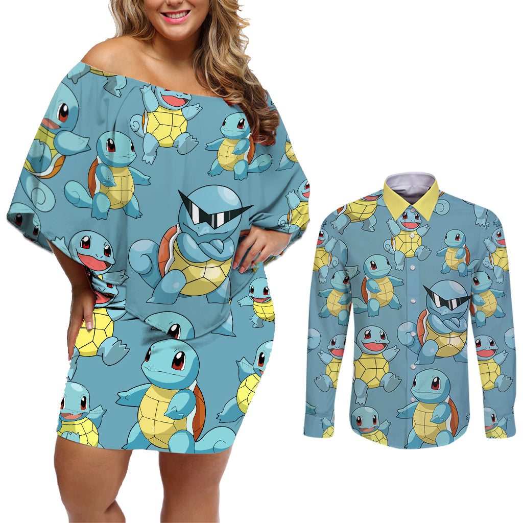 Squirtle Clothes Pattern Style Couples Matching Off Shoulder Short Dress and Long Sleeve Button Shirt