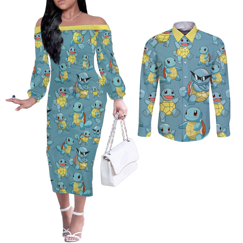 Squirtle Clothes Pattern Style Couples Matching Off The Shoulder Long Sleeve Dress and Long Sleeve Button Shirt