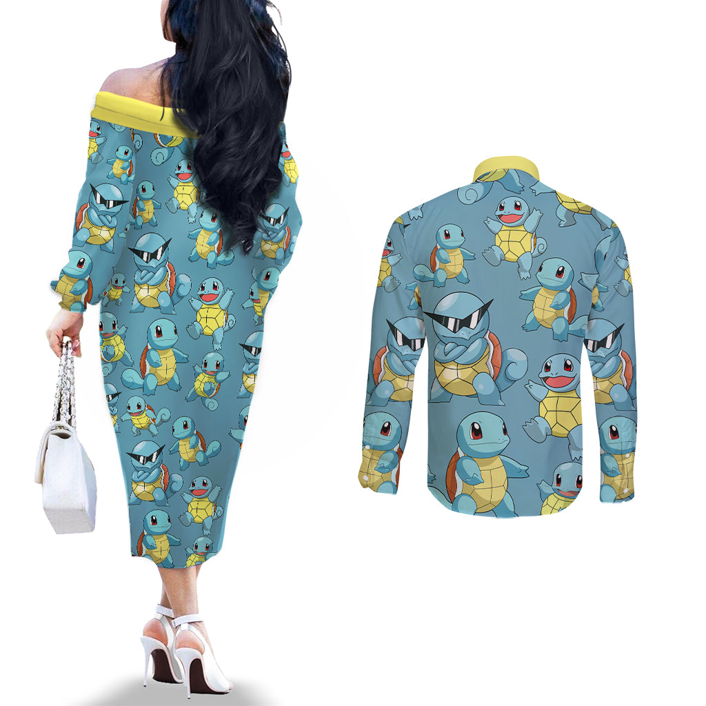 Squirtle Clothes Pattern Style Couples Matching Off The Shoulder Long Sleeve Dress and Long Sleeve Button Shirt