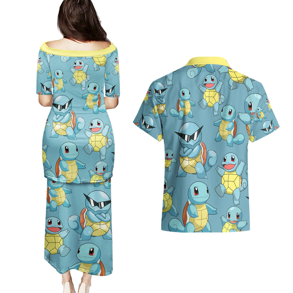 Squirtle Clothes Pattern Style Couples Matching Puletasi and Hawaiian Shirt