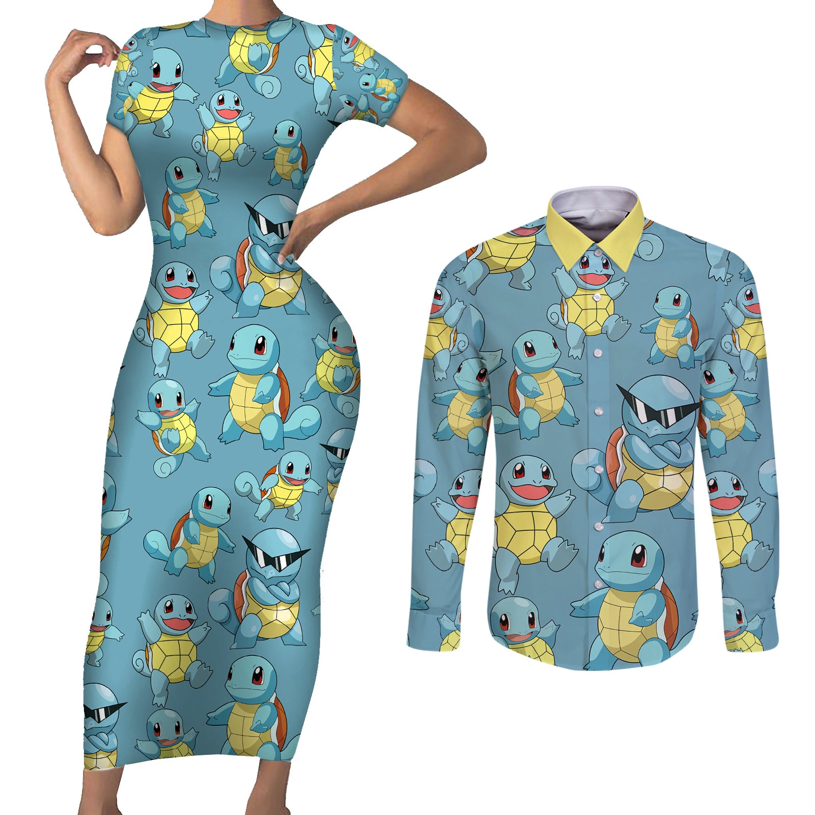 Squirtle Clothes Pattern Style Couples Matching Short Sleeve Bodycon Dress and Long Sleeve Button Shirt