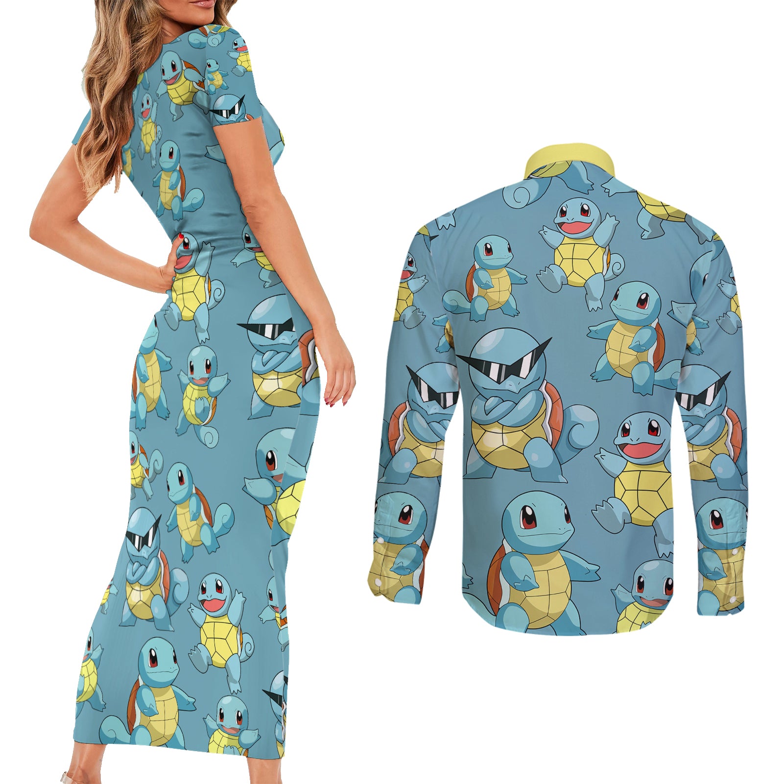 Squirtle Clothes Pattern Style Couples Matching Short Sleeve Bodycon Dress and Long Sleeve Button Shirt