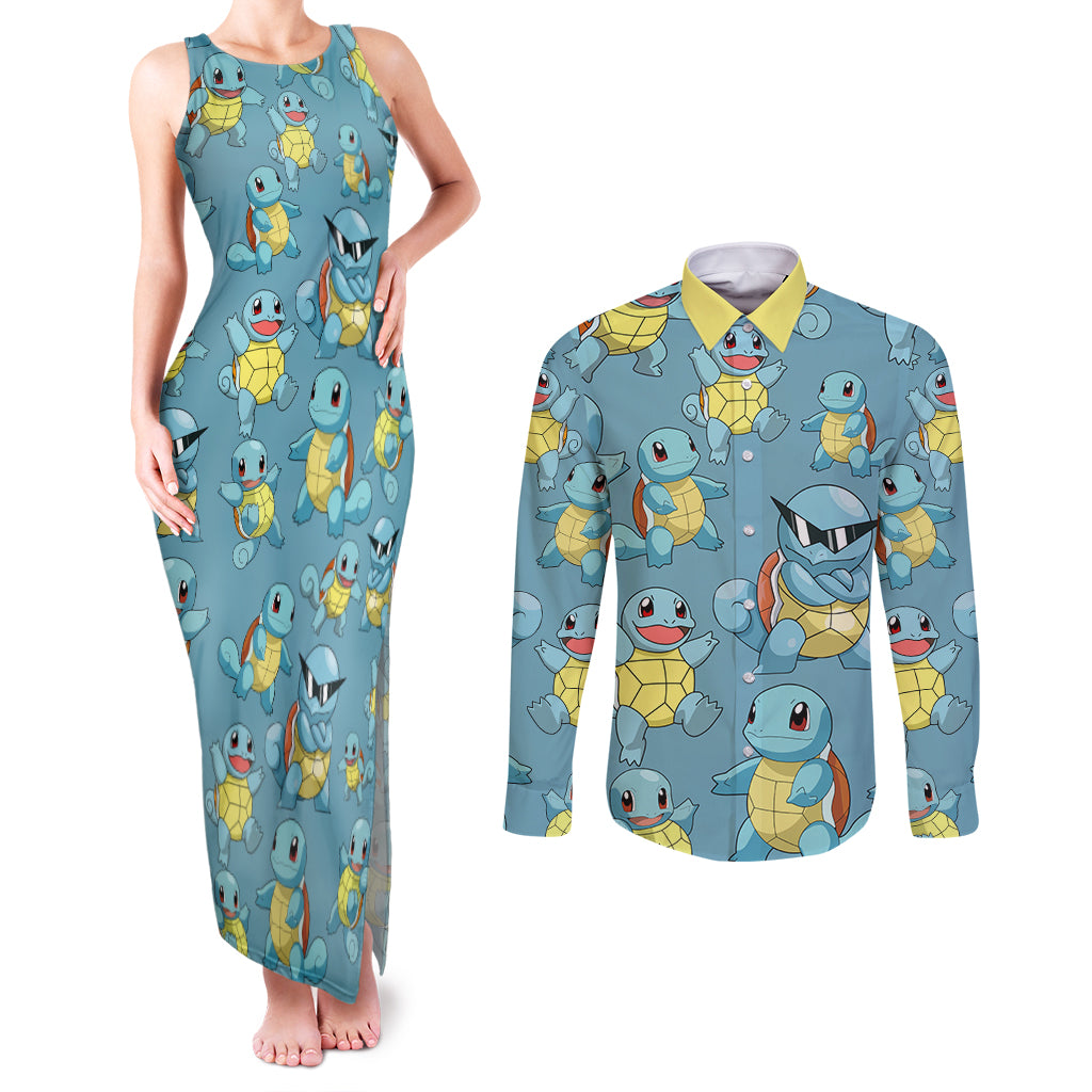 Squirtle Clothes Pattern Style Couples Matching Tank Maxi Dress and Long Sleeve Button Shirt