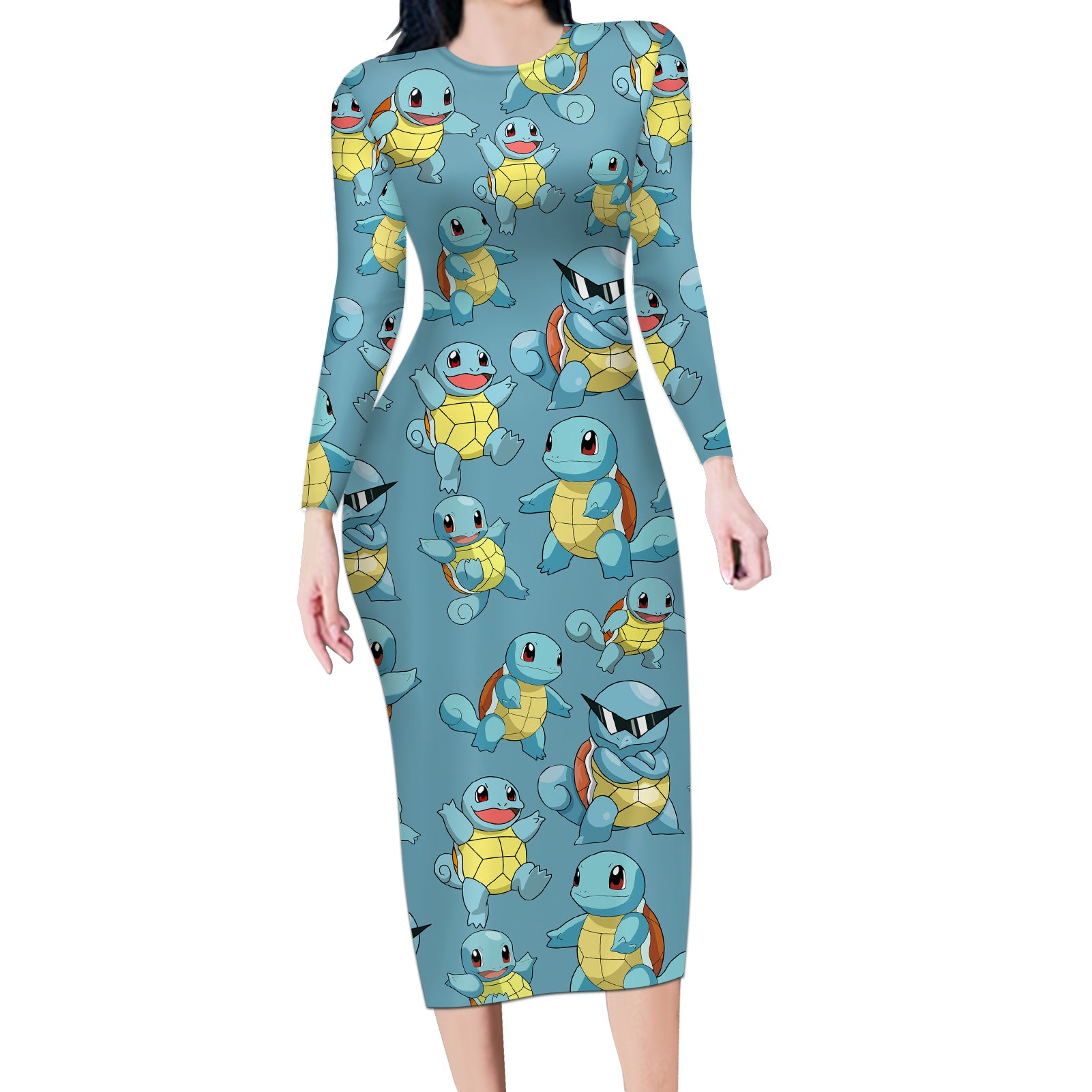 Squirtle Clothes Pattern Style Long Sleeve Bodycon Dress