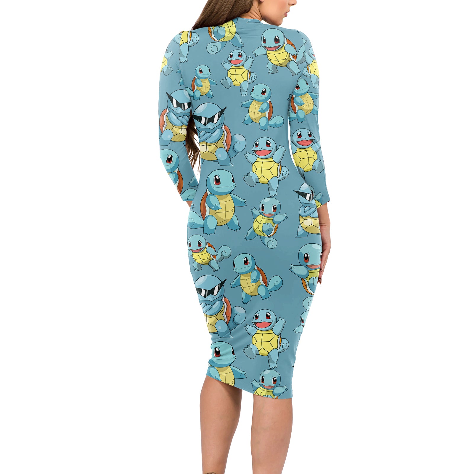 Squirtle Clothes Pattern Style Long Sleeve Bodycon Dress