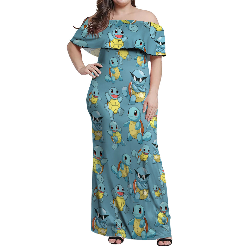 Squirtle Clothes Pattern Style Off Shoulder Maxi Dress