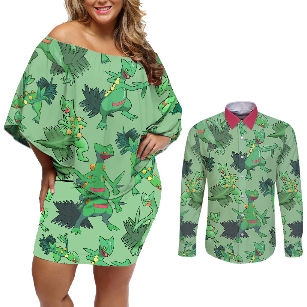 Sceptile Pattern Style Couples Matching Off Shoulder Short Dress and Long Sleeve Button Shirt