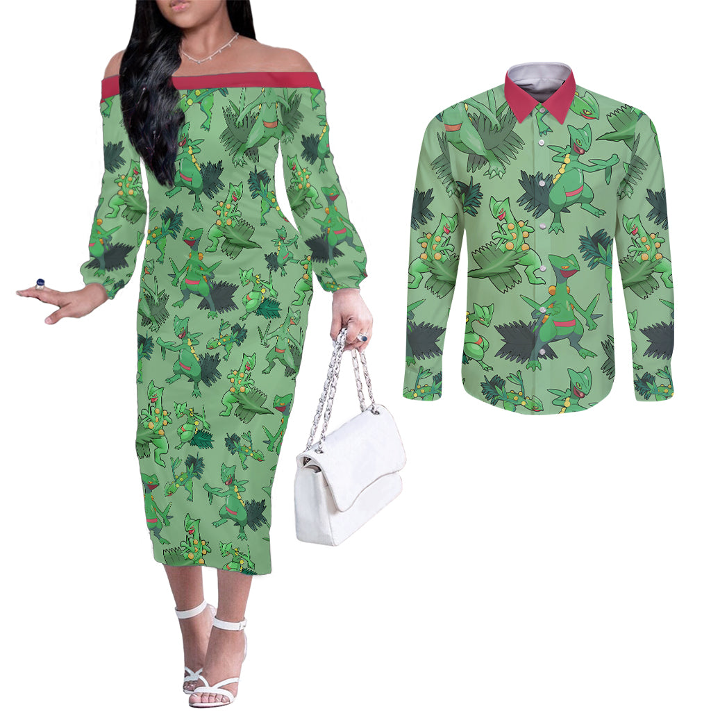 Sceptile Pattern Style Couples Matching Off The Shoulder Long Sleeve Dress and Long Sleeve Button Shirt