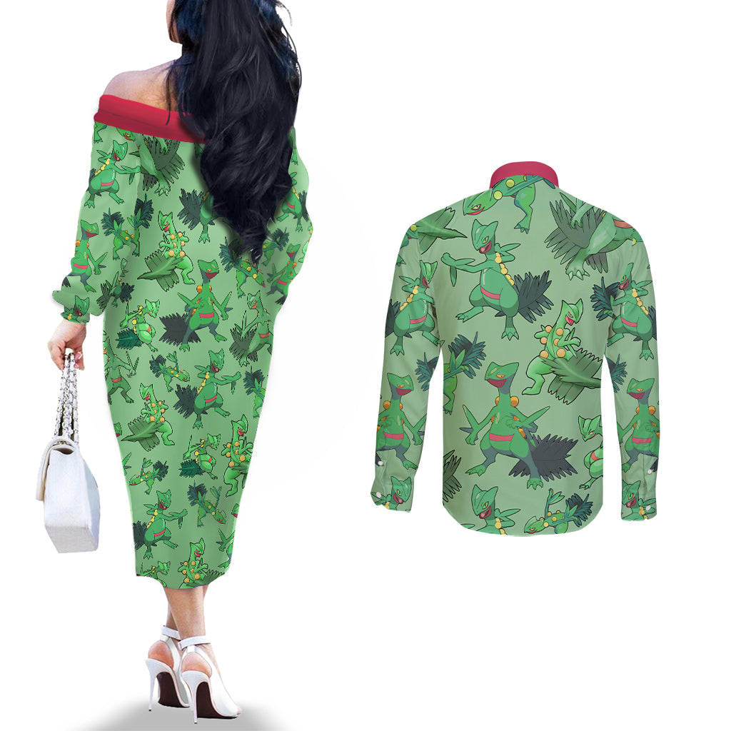 Sceptile Pattern Style Couples Matching Off The Shoulder Long Sleeve Dress and Long Sleeve Button Shirt