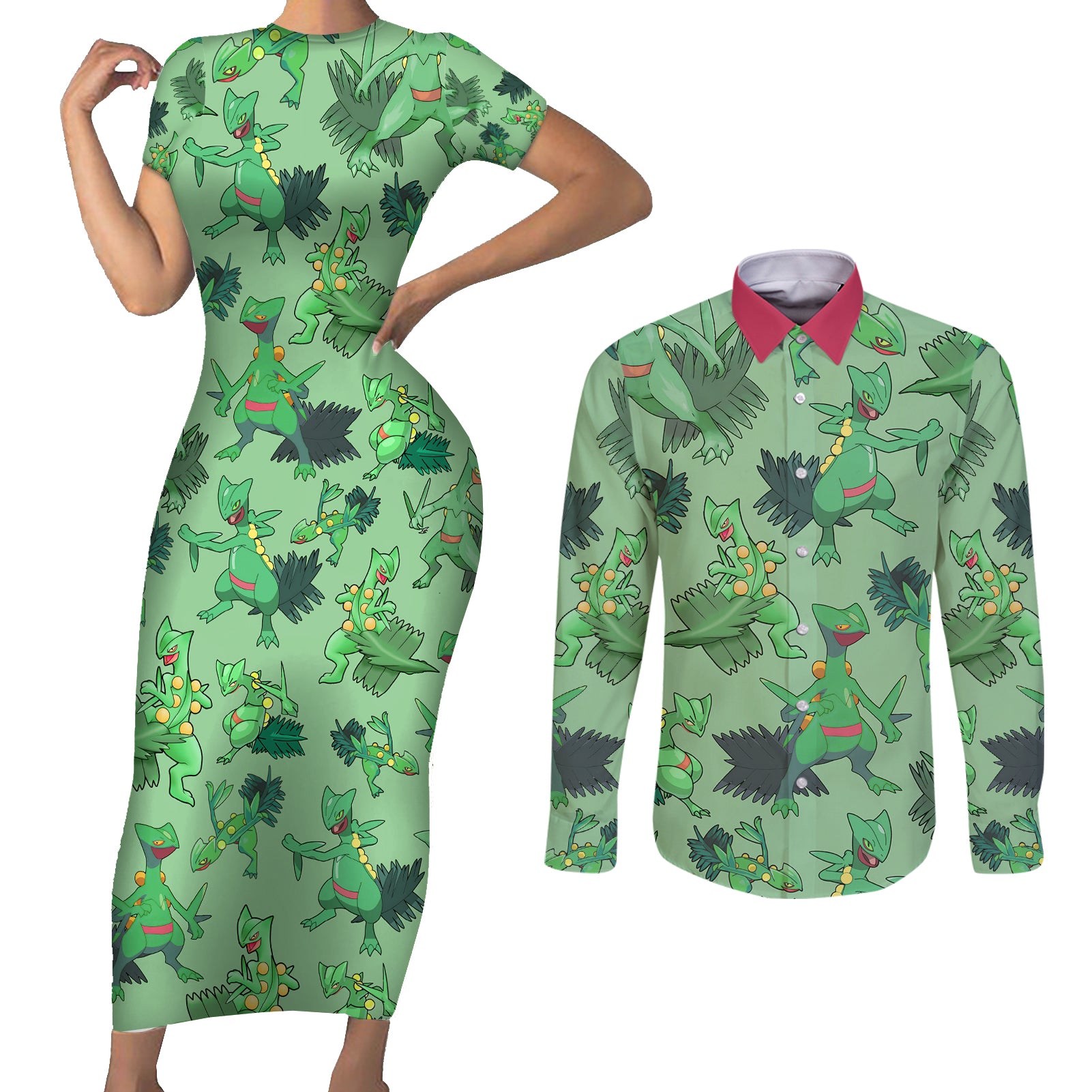 Sceptile Pattern Style Couples Matching Short Sleeve Bodycon Dress and Long Sleeve Button Shirt