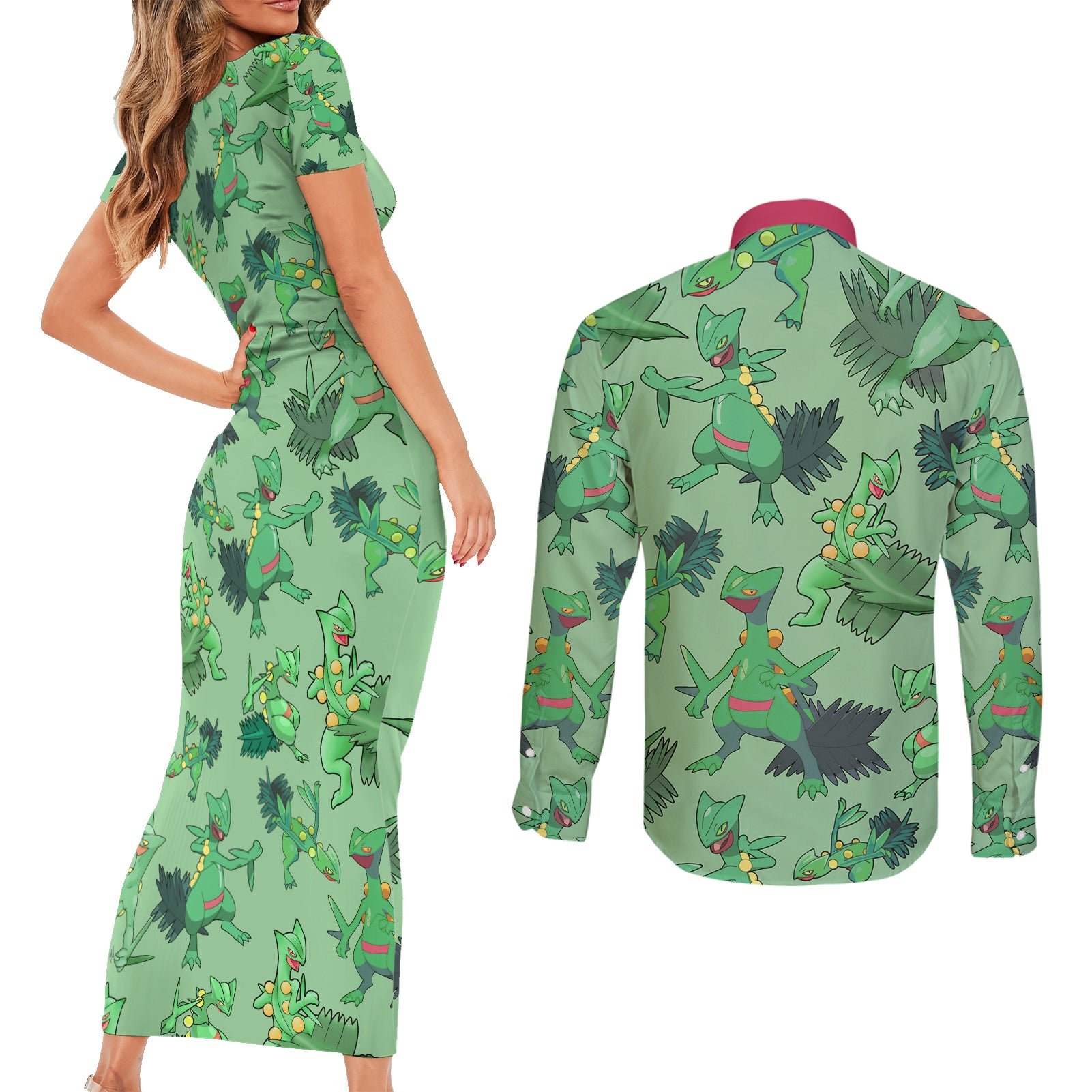 Sceptile Pattern Style Couples Matching Short Sleeve Bodycon Dress and Long Sleeve Button Shirt