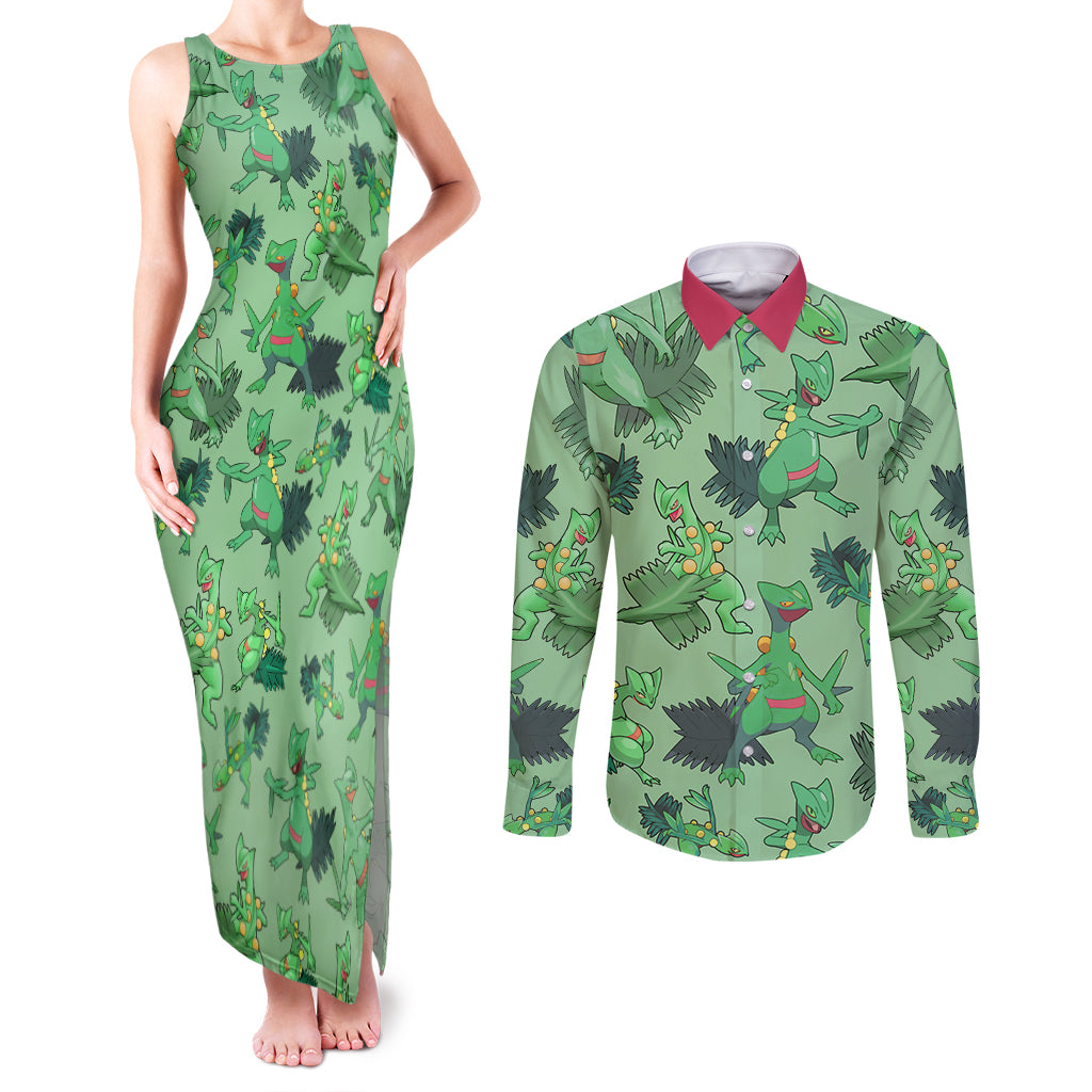 Sceptile Pattern Style Couples Matching Tank Maxi Dress and Long Sleeve Button Shirt