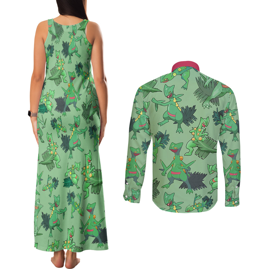 Sceptile Pattern Style Couples Matching Tank Maxi Dress and Long Sleeve Button Shirt