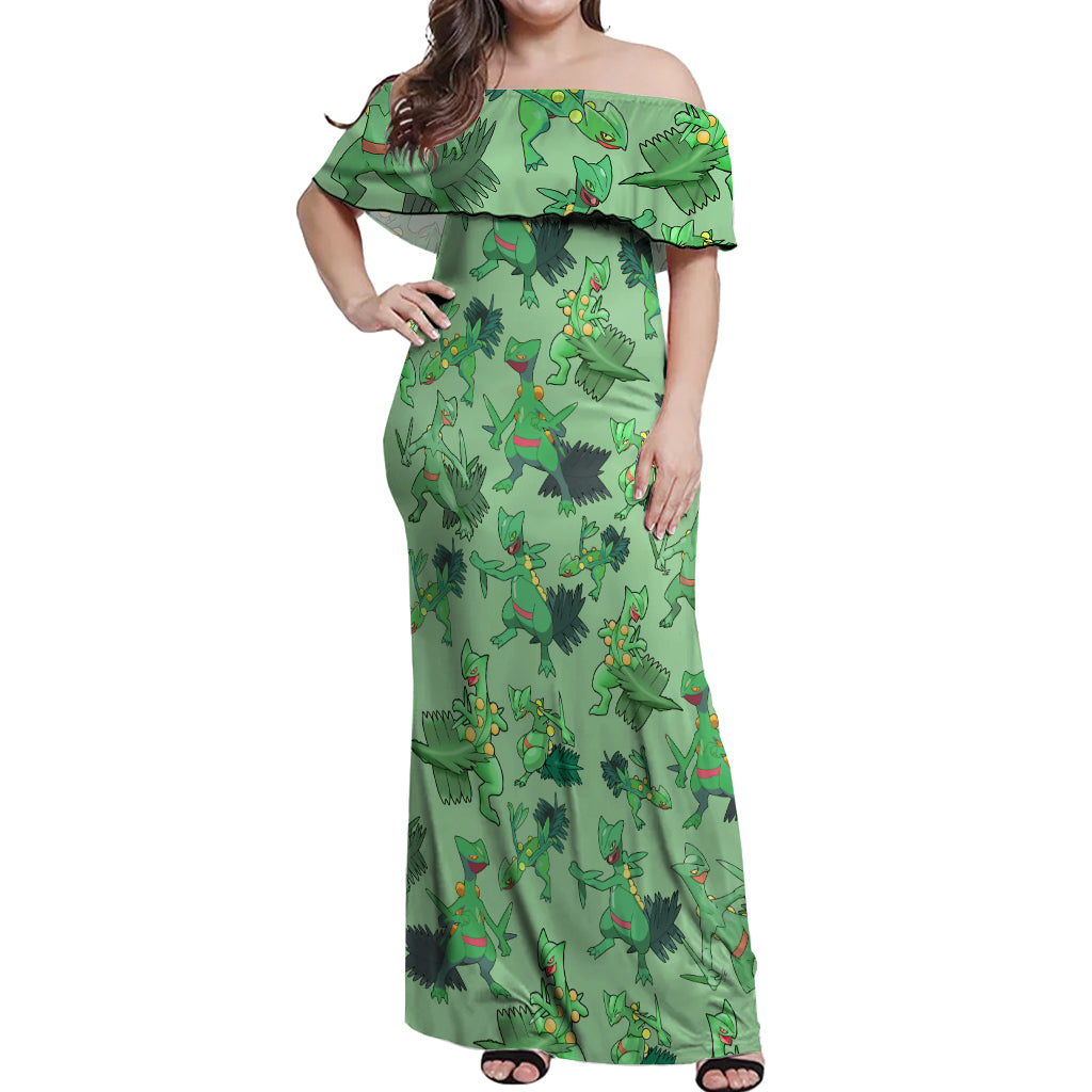 Sceptile Pattern Style Off Shoulder Maxi Dress