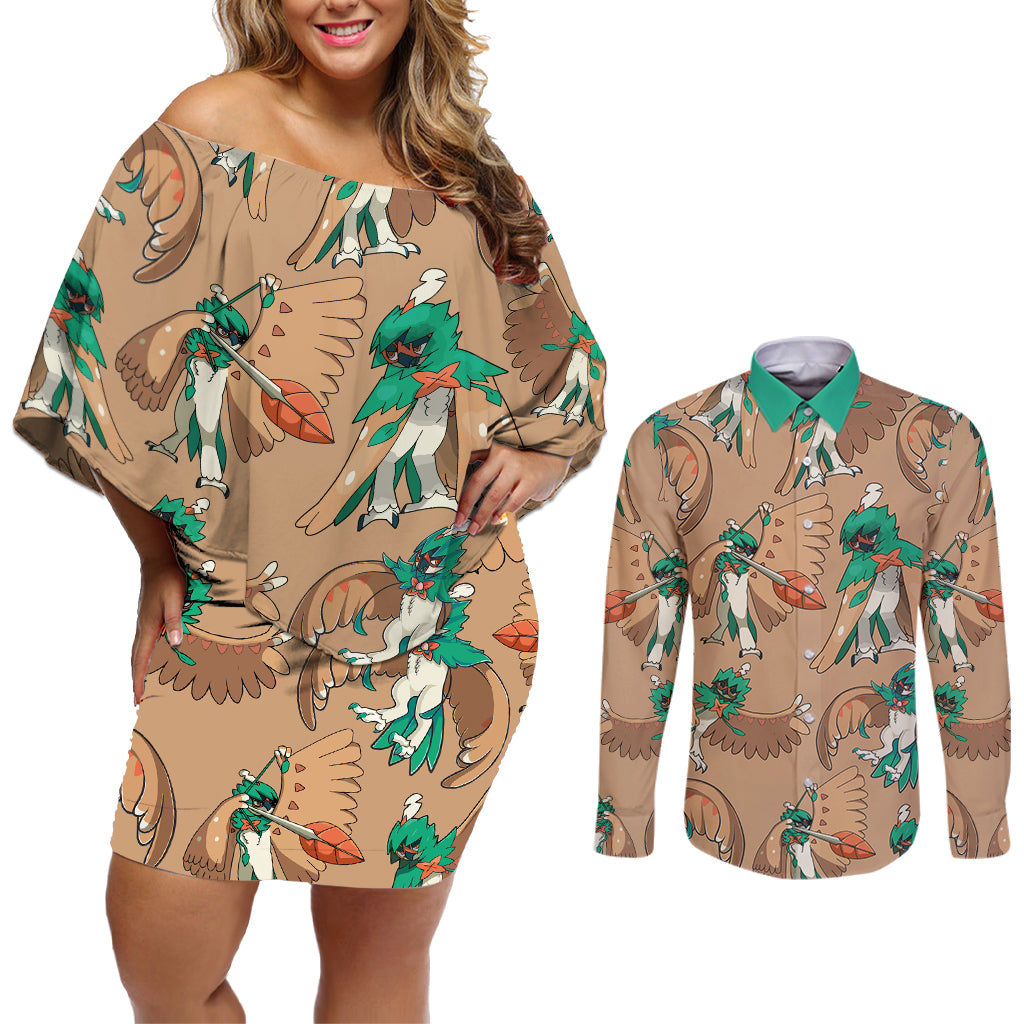 Decidueye Pattern Style Couples Matching Off Shoulder Short Dress and Long Sleeve Button Shirt
