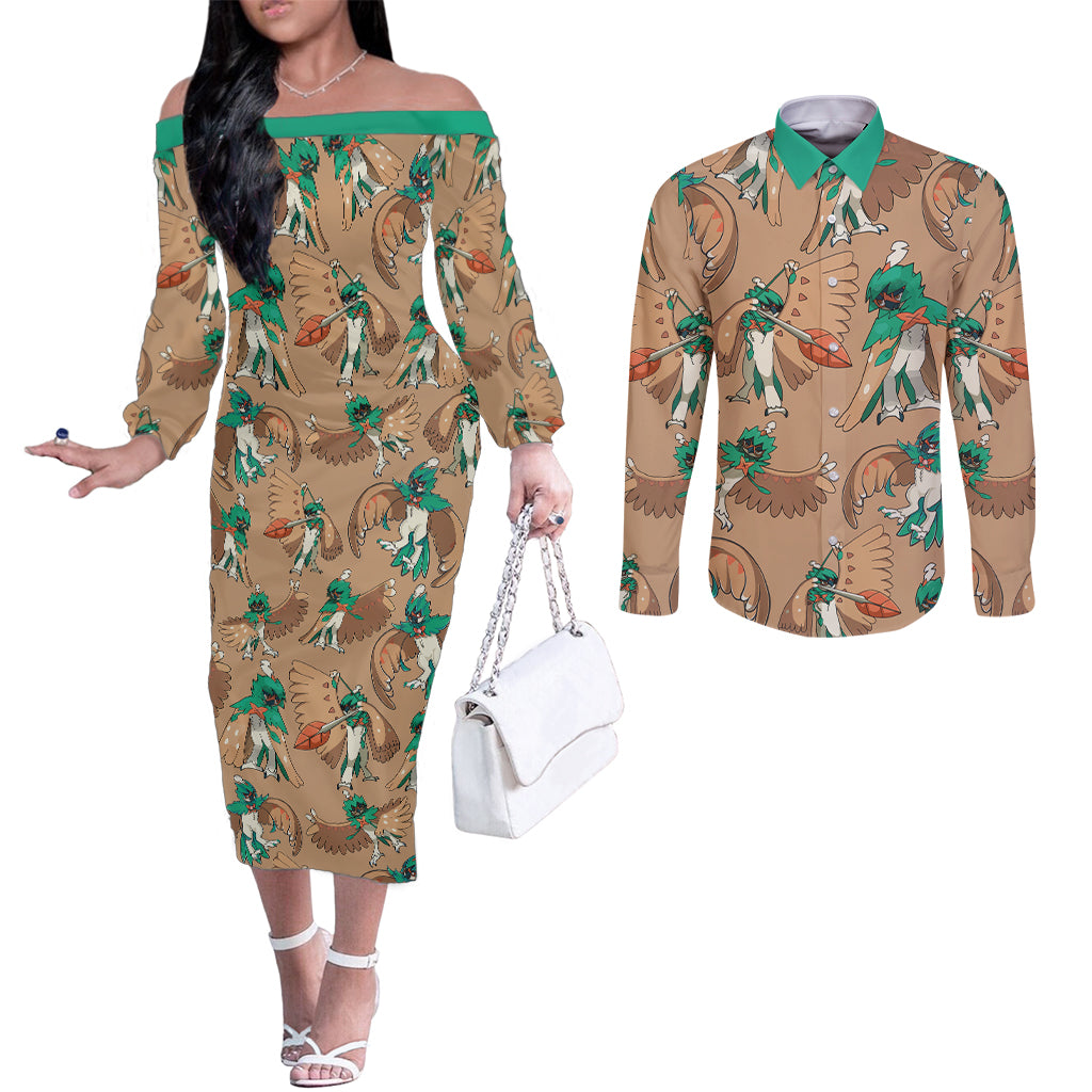 Decidueye Pattern Style Couples Matching Off The Shoulder Long Sleeve Dress and Long Sleeve Button Shirt