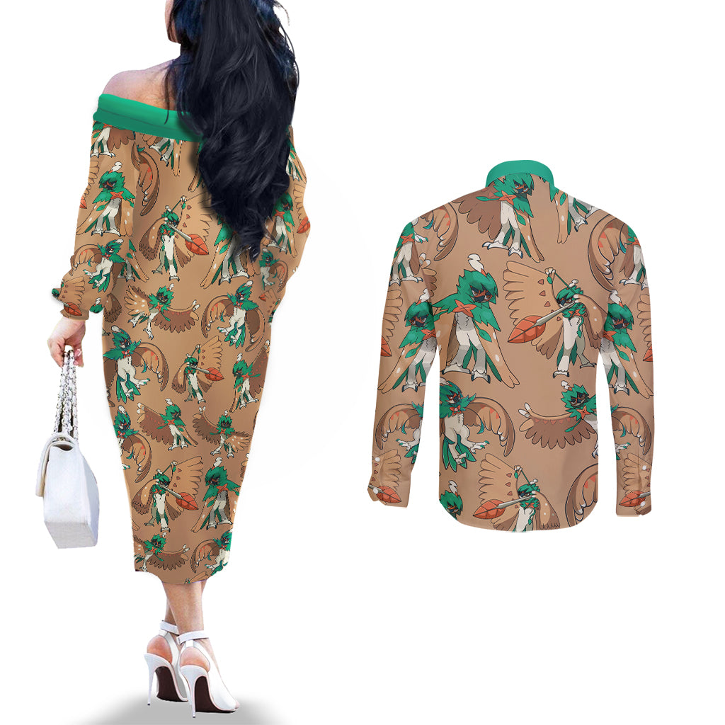 Decidueye Pattern Style Couples Matching Off The Shoulder Long Sleeve Dress and Long Sleeve Button Shirt