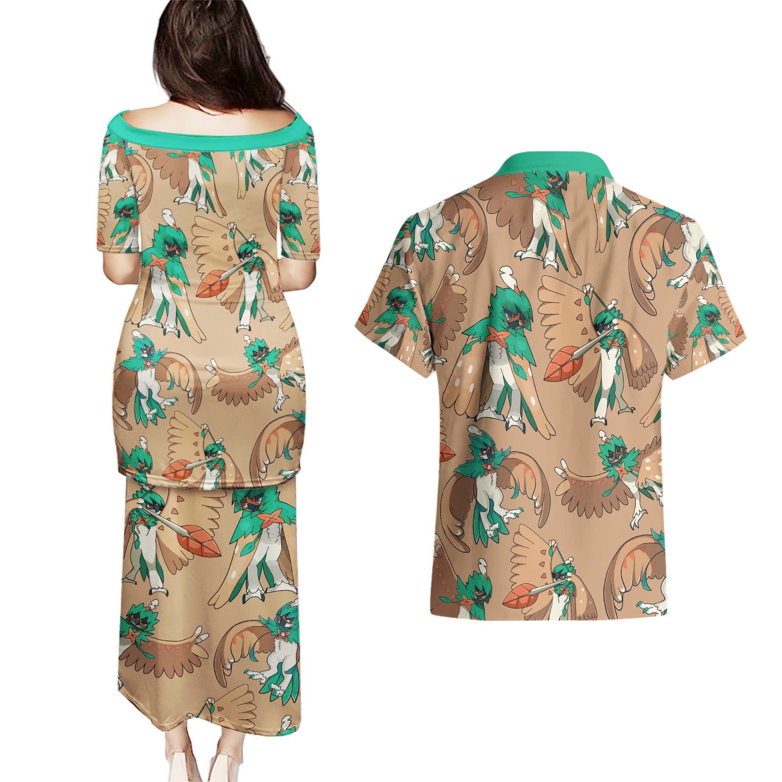 Decidueye Pattern Style Couples Matching Puletasi and Hawaiian Shirt