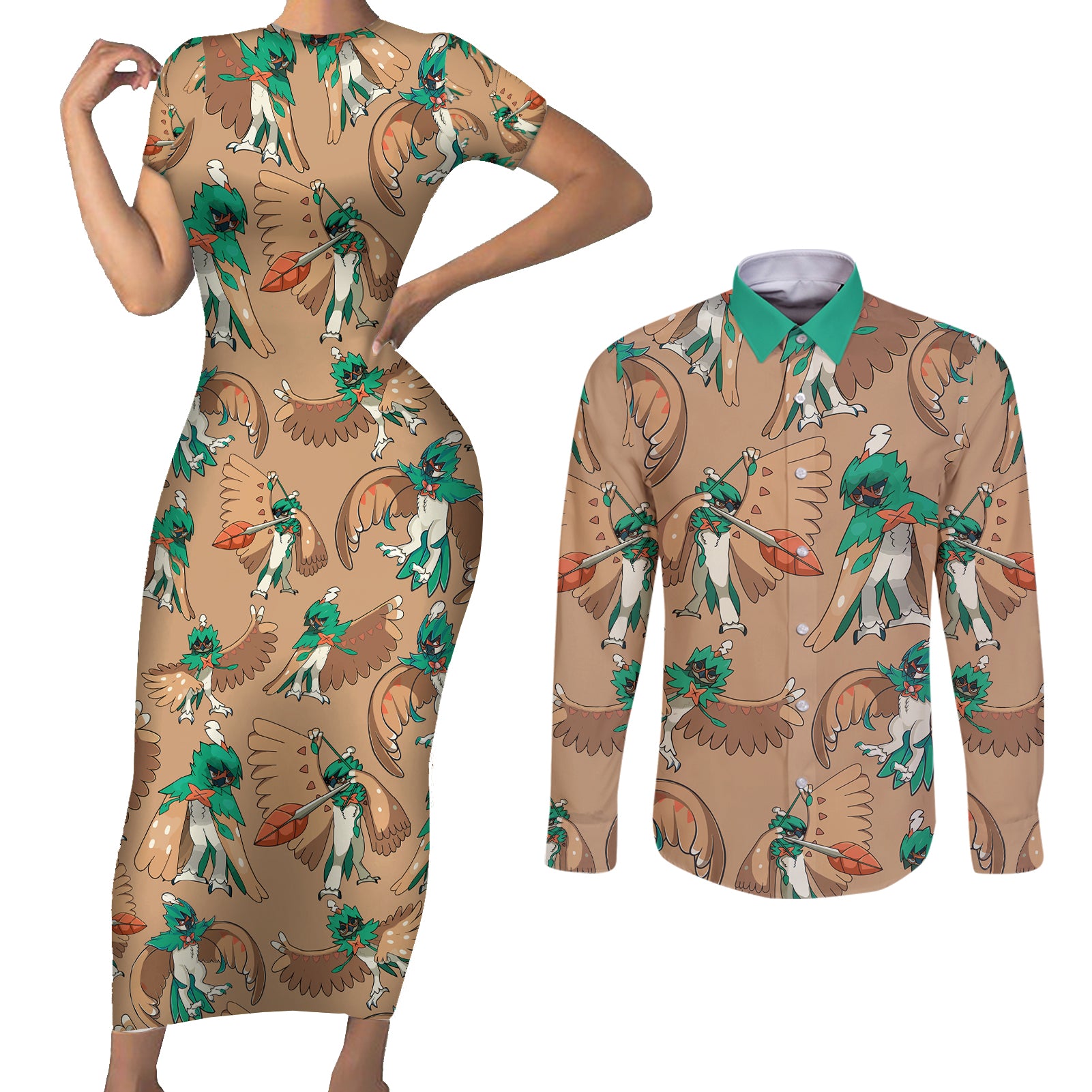 Decidueye Pattern Style Couples Matching Short Sleeve Bodycon Dress and Long Sleeve Button Shirt