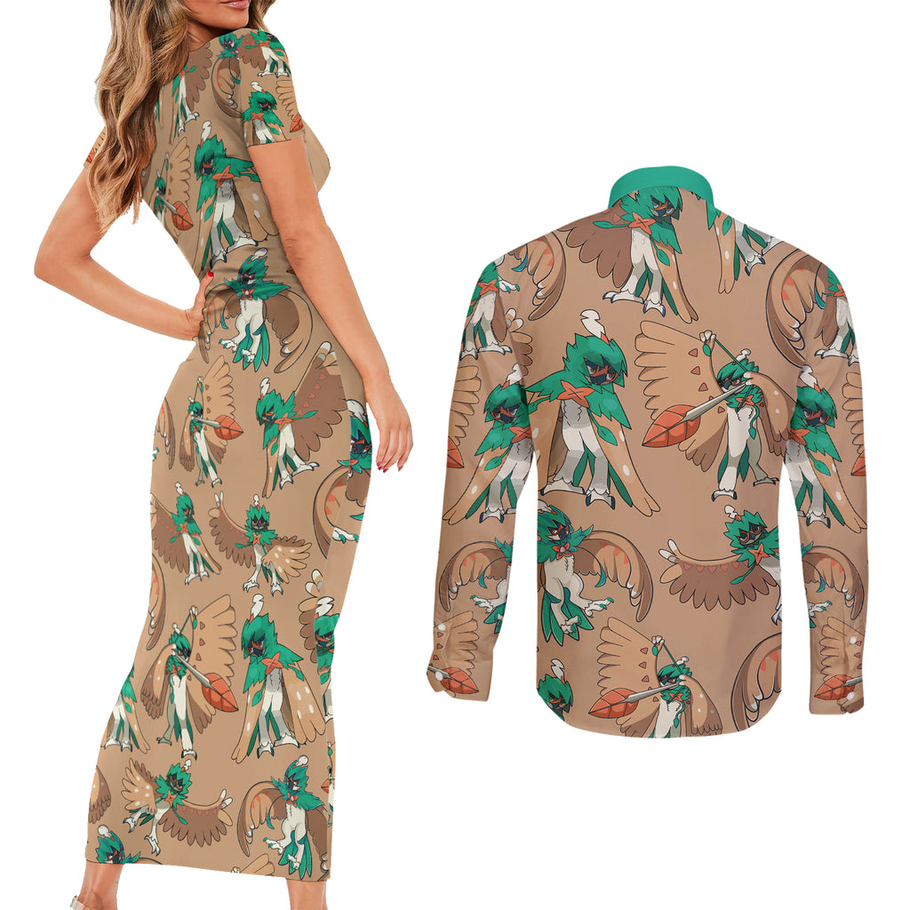 Decidueye Pattern Style Couples Matching Short Sleeve Bodycon Dress and Long Sleeve Button Shirt
