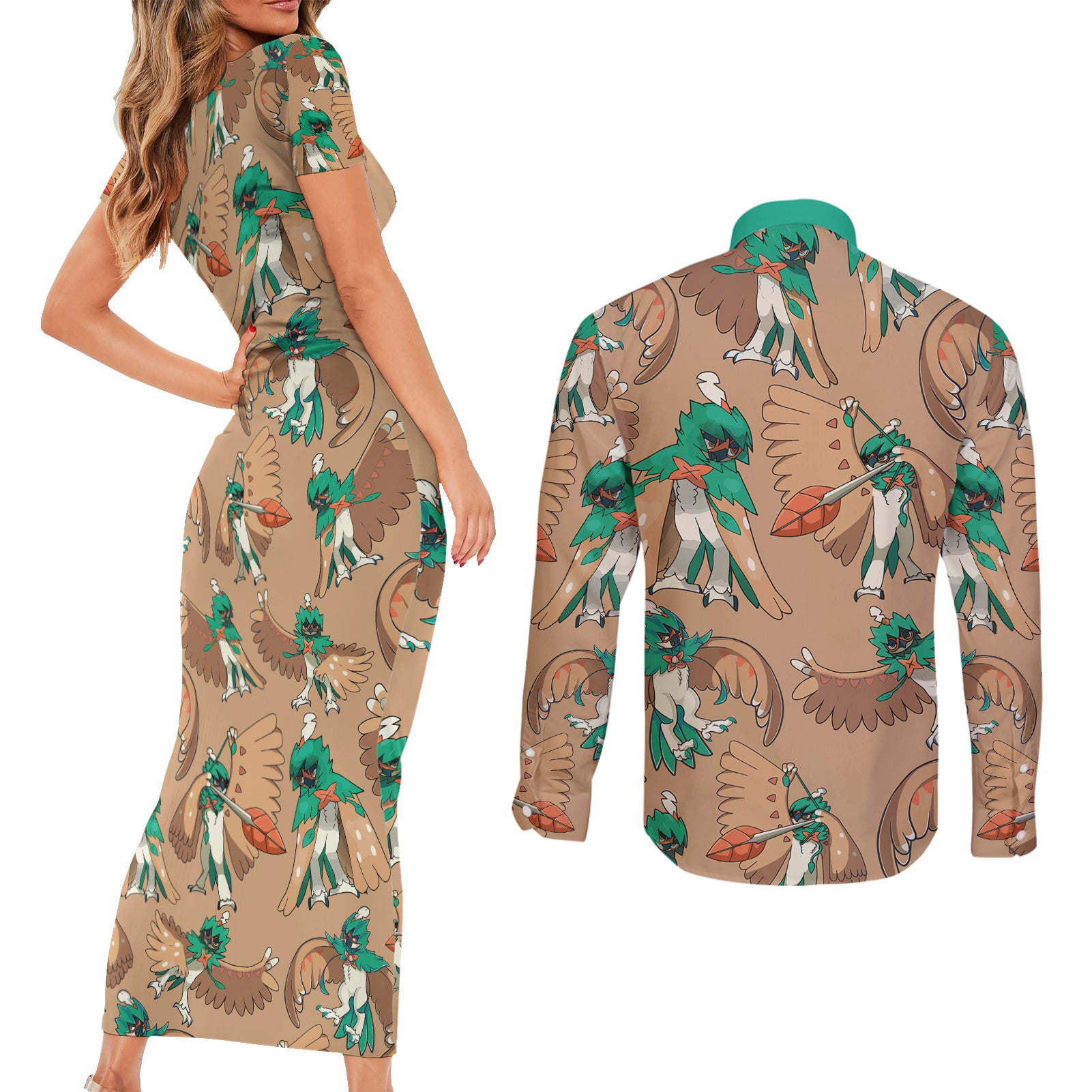 Decidueye Pattern Style Couples Matching Short Sleeve Bodycon Dress and Long Sleeve Button Shirt