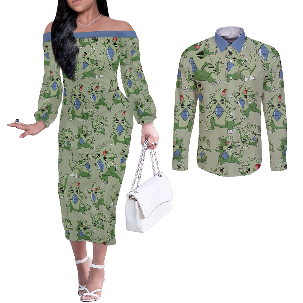 Tyranitar Pattern Style Couples Matching Off The Shoulder Long Sleeve Dress and Long Sleeve Button Shirt